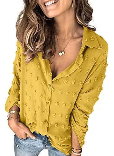 Stunncal Astylish Women Pompom Button Down Shirt Casual Blouse Top