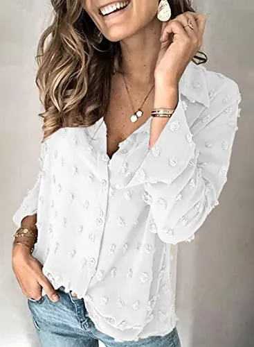Stunncal Astylish Women Pompom Button Down Shirt Casual Blouse Top