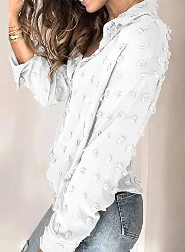 Stunncal Astylish Women Pompom Button Down Shirt Casual Blouse Top