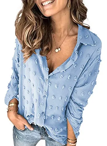 Stunncal Astylish Women Pompom Button Down Shirt Casual Blouse Top