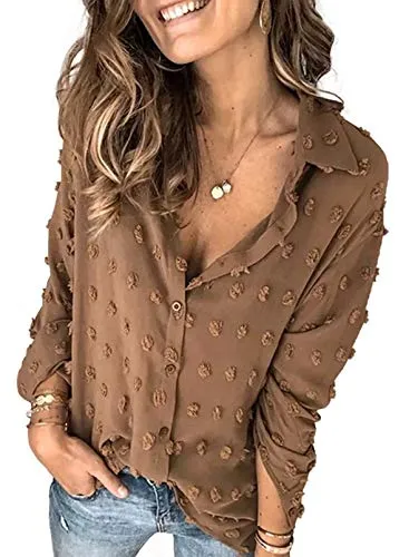 Stunncal Astylish Women Pompom Button Down Shirt Casual Blouse Top