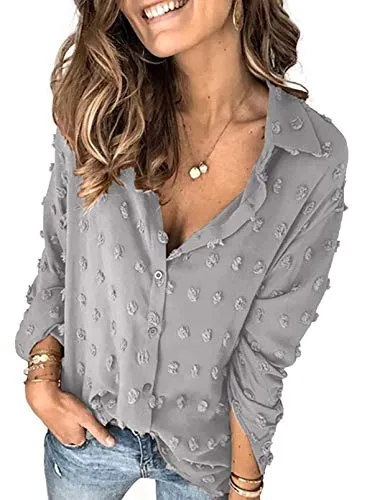 Stunncal Astylish Women Pompom Button Down Shirt Casual Blouse Top