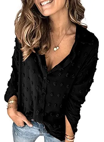 Stunncal Astylish Women Pompom Button Down Shirt Casual Blouse Top