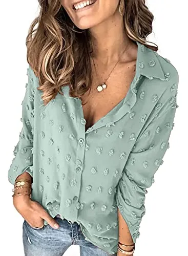 Stunncal Astylish Women Pompom Button Down Shirt Casual Blouse Top