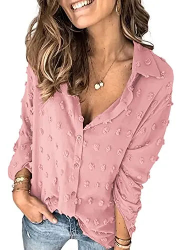 Stunncal Astylish Women Pompom Button Down Shirt Casual Blouse Top