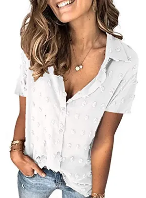 Stunncal Astylish Women Pompom Button Down Shirt Casual Blouse Top