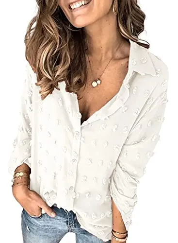 Stunncal Astylish Women Pompom Button Down Shirt Casual Blouse Top