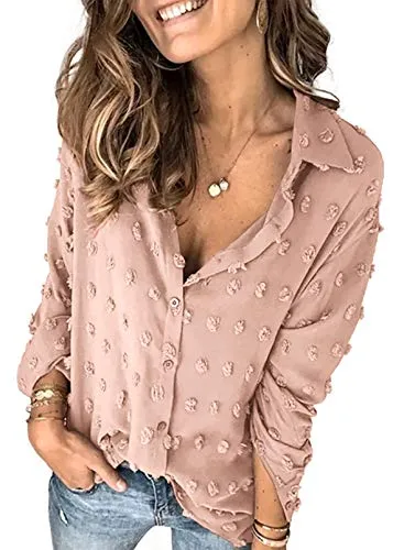 Stunncal Astylish Women Pompom Button Down Shirt Casual Blouse Top