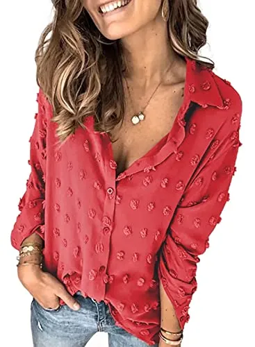 Stunncal Astylish Women Pompom Button Down Shirt Casual Blouse Top