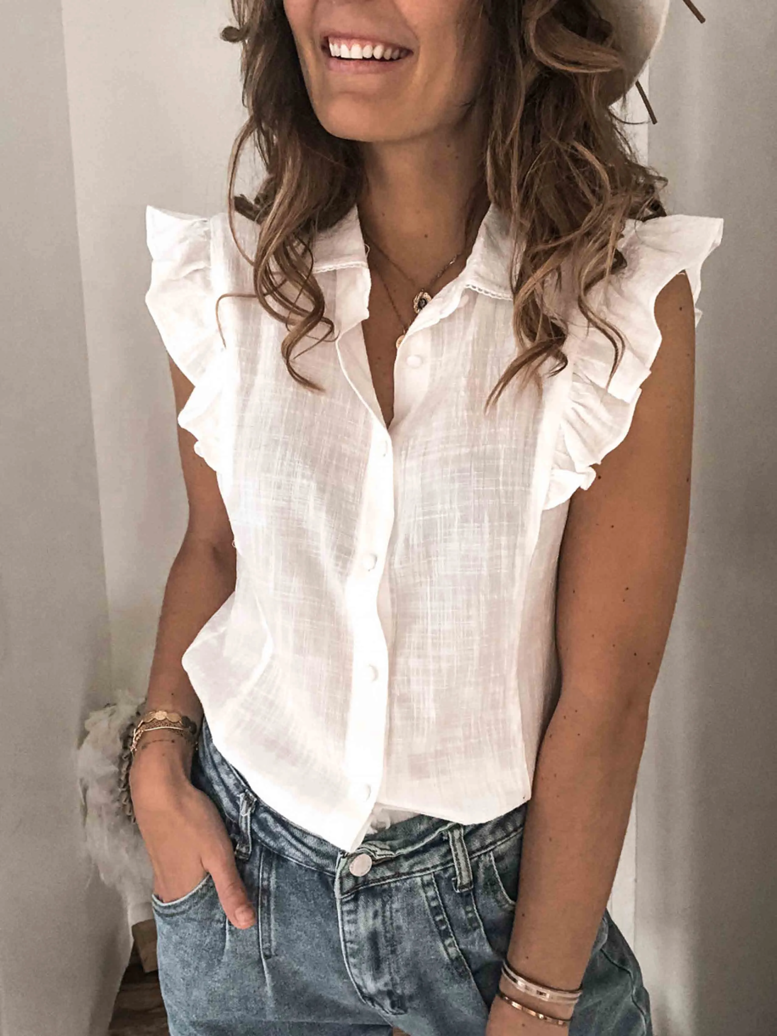 Stunncal Lapel Button Ruffled Shirt