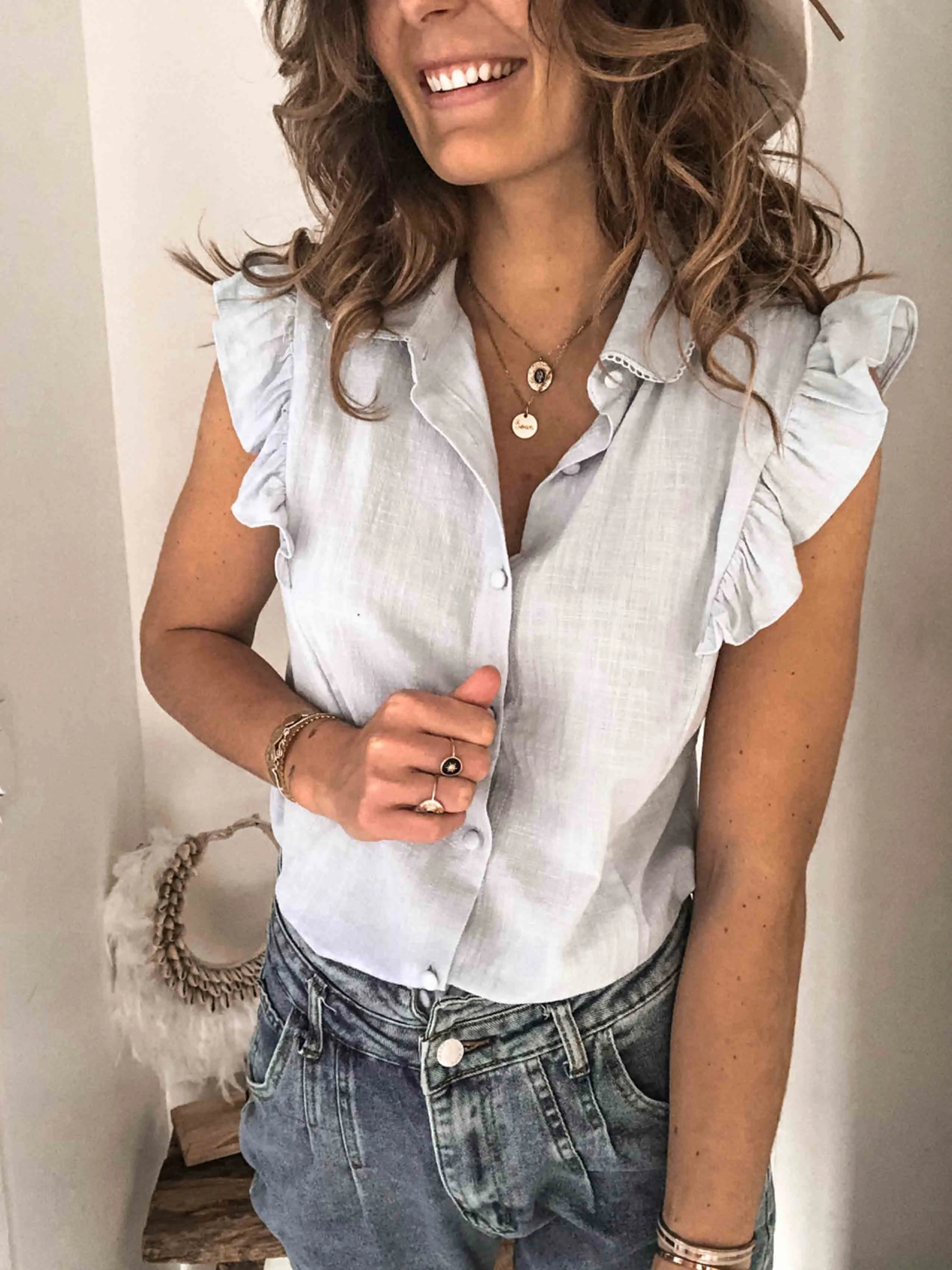 Stunncal Lapel Button Ruffled Shirt