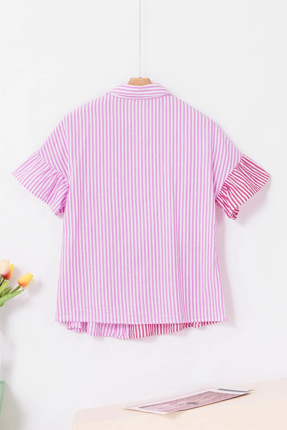 Summer Striped Button Up Flounce Sleeve Shirt
