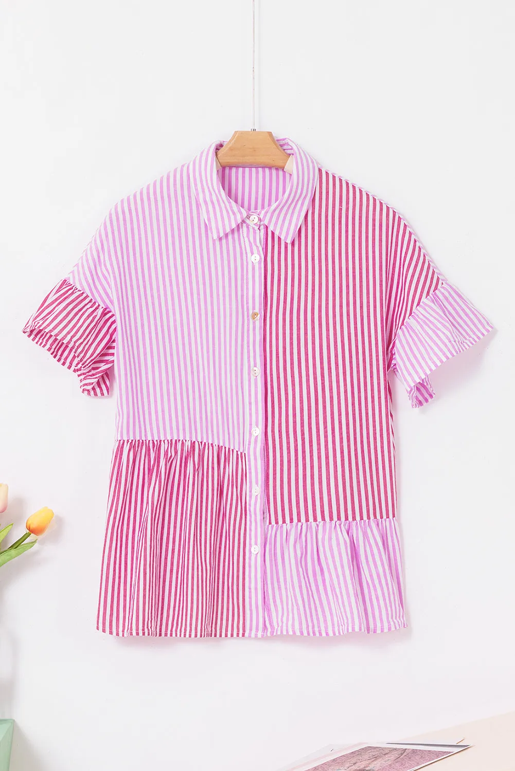 Summer Striped Button Up Flounce Sleeve Shirt
