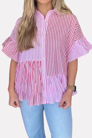 Summer Striped Button Up Flounce Sleeve Shirt