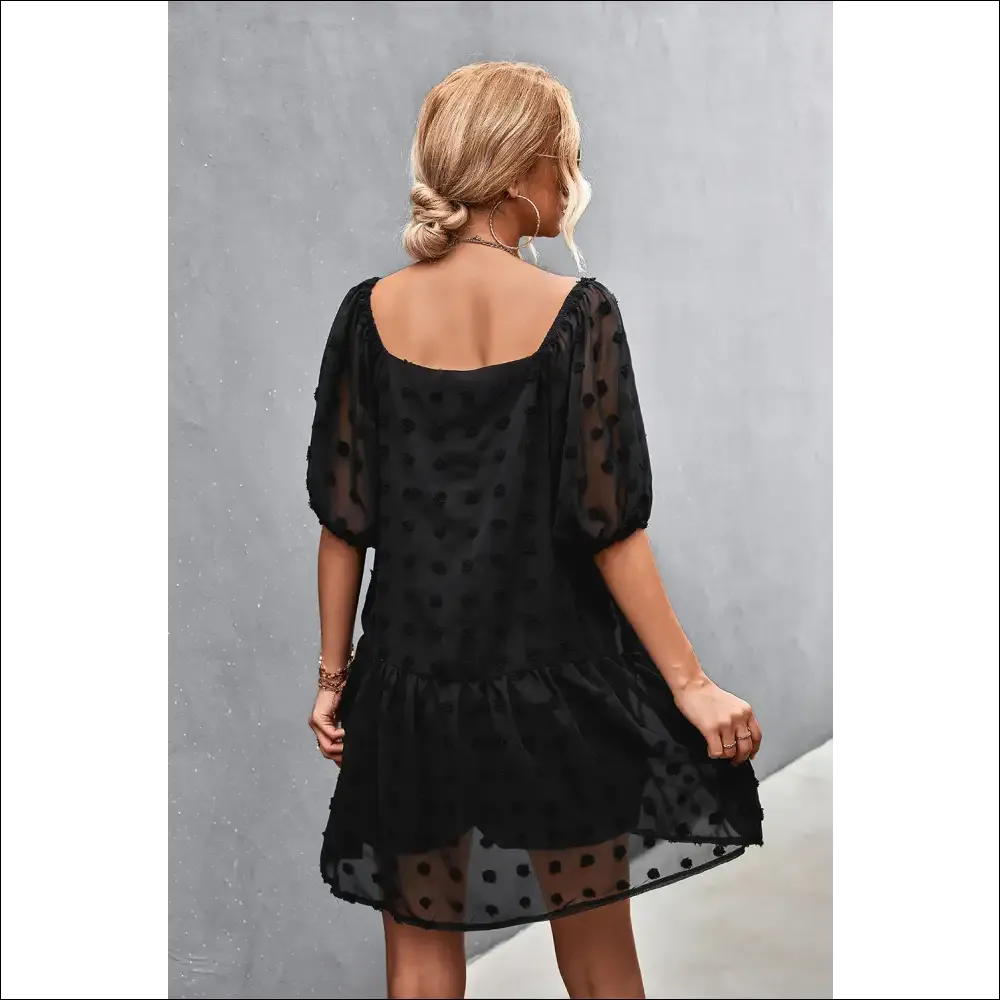 Swiss Dot Square Neck Half Balloon Sleeve Dress