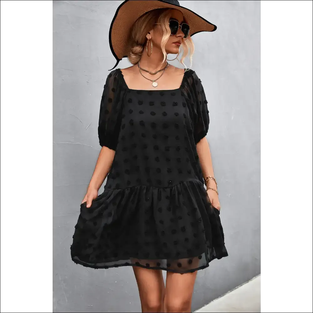 Swiss Dot Square Neck Half Balloon Sleeve Dress