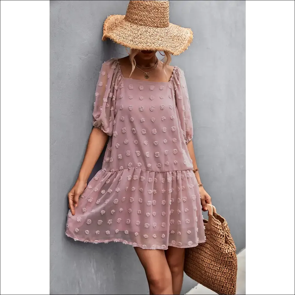 Swiss Dot Square Neck Half Balloon Sleeve Dress