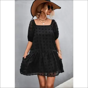 Swiss Dot Square Neck Half Balloon Sleeve Dress