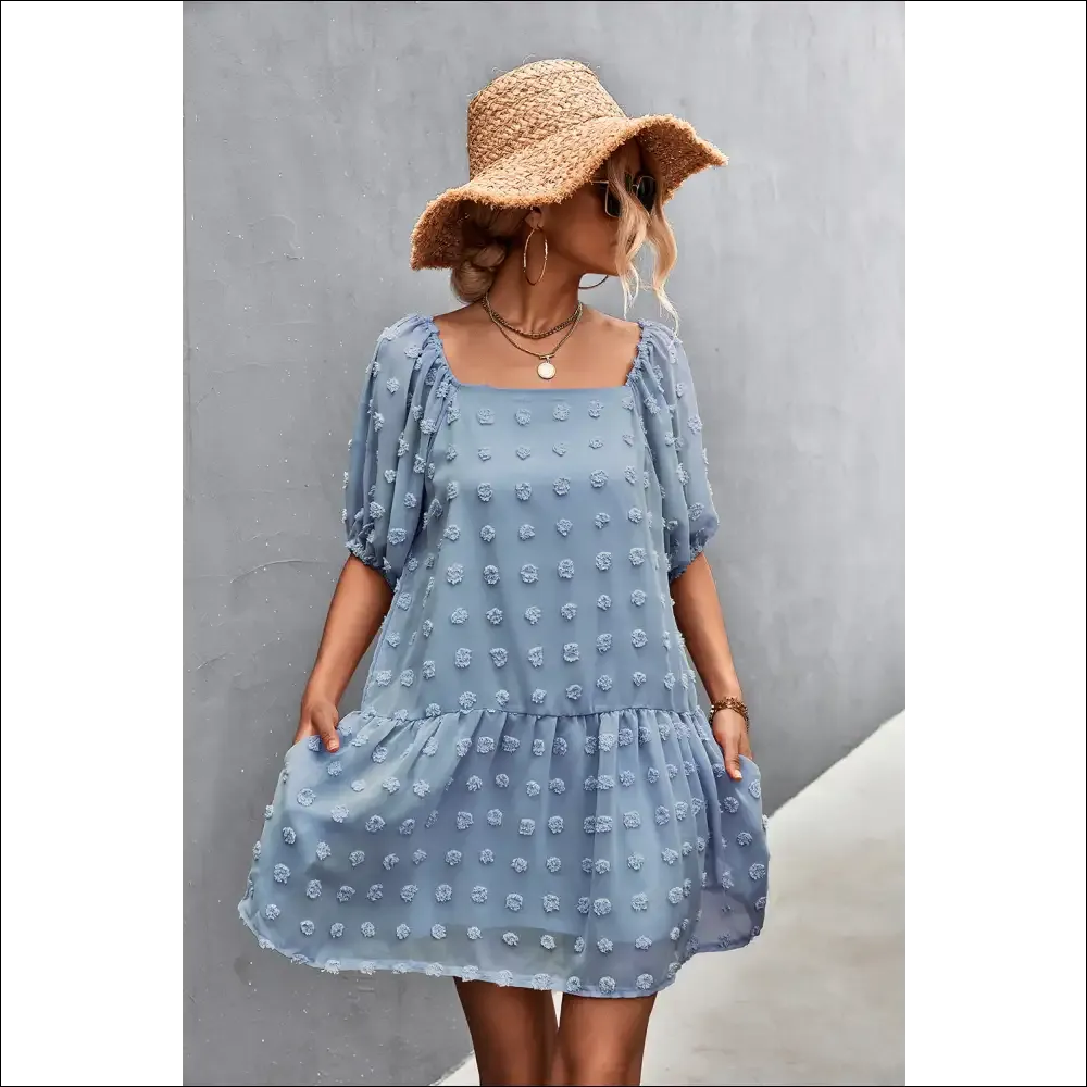 Swiss Dot Square Neck Half Balloon Sleeve Dress