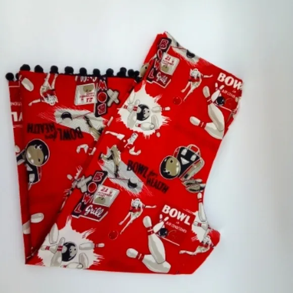 Taylor Maide Bowling Novelty Pins Grill Pom Pom Red Black Pajama Bottoms L