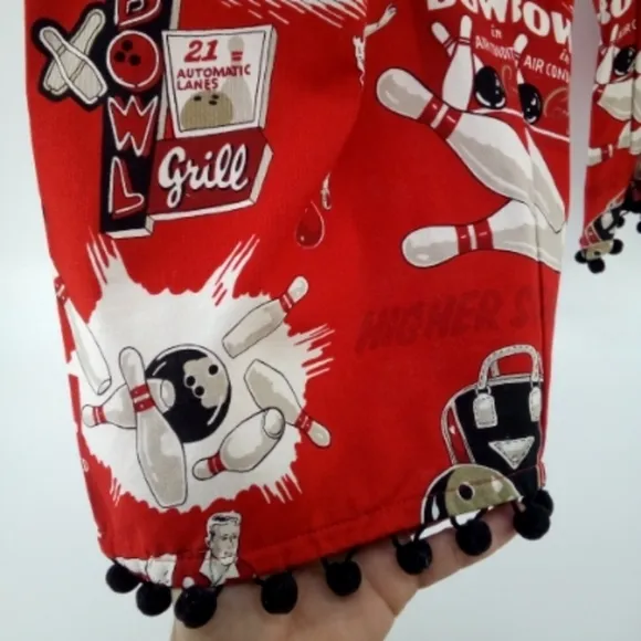 Taylor Maide Bowling Novelty Pins Grill Pom Pom Red Black Pajama Bottoms L