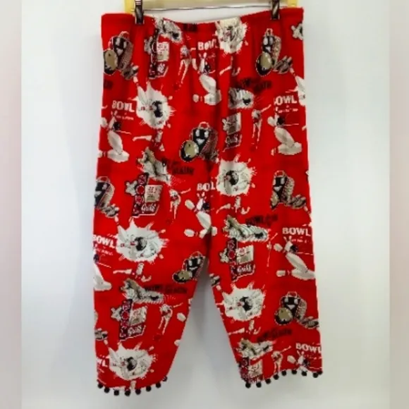 Taylor Maide Bowling Novelty Pins Grill Pom Pom Red Black Pajama Bottoms L