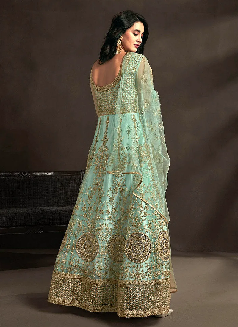 Teal Blue Designer Embroidered Anarkali Suit