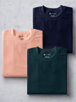 Teal Blue, Peach & Midnight Blue T Shirt Combo | Pack of 3