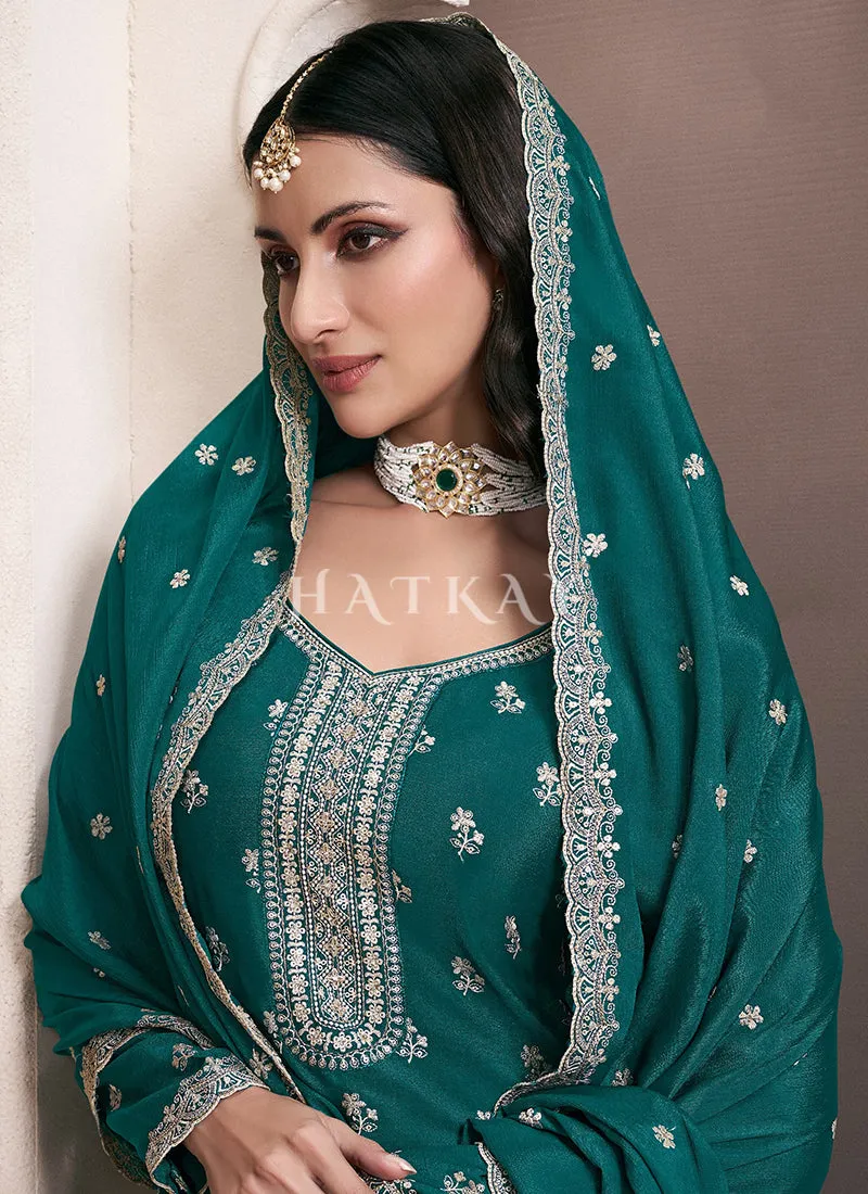 Teal Green Reshamkari Embroidery Sharara Suit