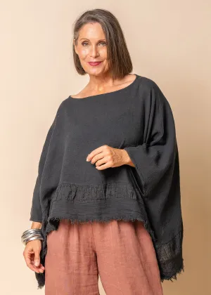 Teegan Linen Top In Charcoal - Imagine Fashion