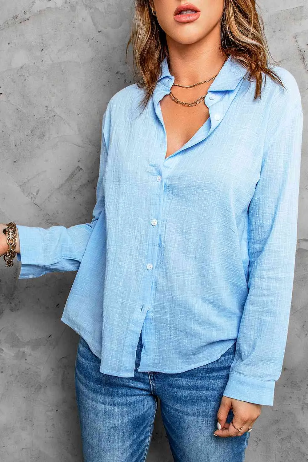Textured Button Front Curved Hem Shirt S-2XL