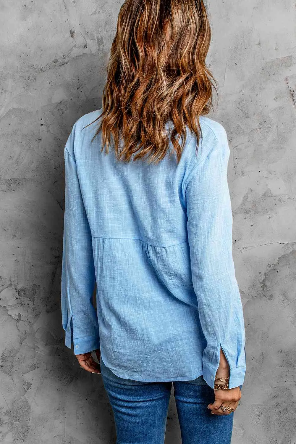 Textured Button Front Curved Hem Shirt S-2XL