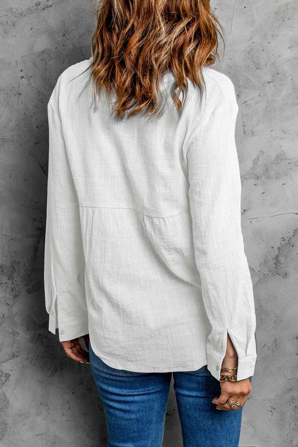 Textured Button Front Curved Hem Shirt S-2XL