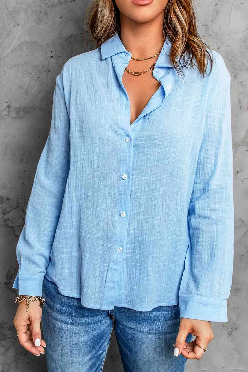 Textured Button Front Curved Hem Shirt S-2XL