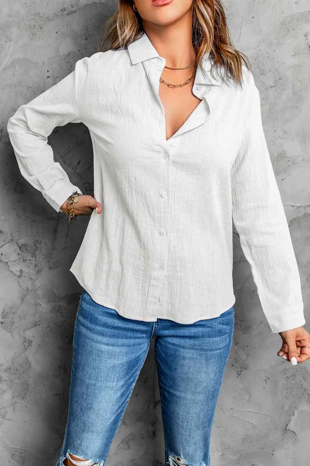Textured Button Front Curved Hem Shirt S-2XL