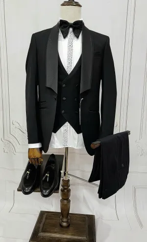 Three Piece Tuxedo suit with shiny lapel comes with matching bow tie.