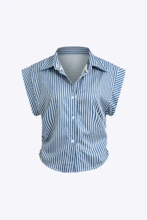 Tisiphone - Chic Stripe Print Woman's Cap Sleeve Button Shirt