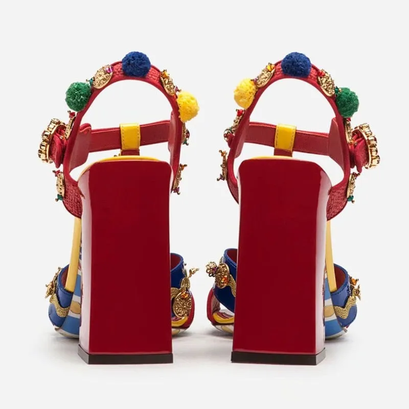 Tribal Fashion Pom-pom Embellished Red Sandals Block Heel Open Toe T-strap Flower Shoes Beach Sandals