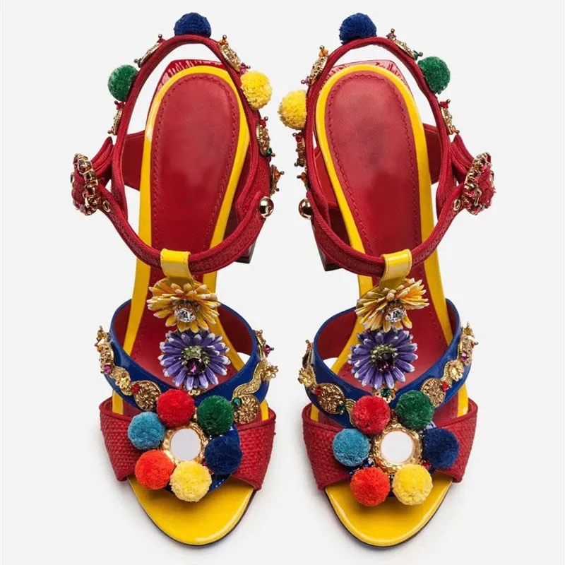 Tribal Fashion Pom-pom Embellished Red Sandals Block Heel Open Toe T-strap Flower Shoes Beach Sandals