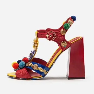 Tribal Fashion Pom-pom Embellished Red Sandals Block Heel Open Toe T-strap Flower Shoes Beach Sandals