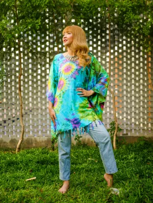 Tropical Tide Poncho Hand Dyed Tunic Kaftan Blouse Oversize Top