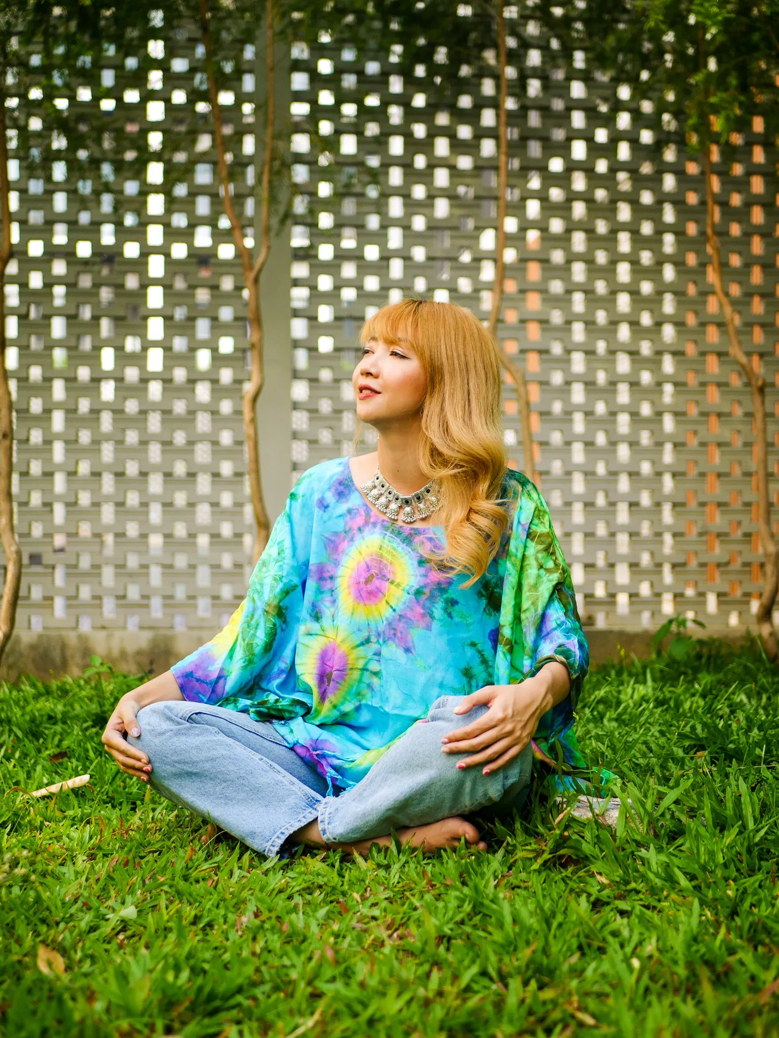 Tropical Tide Poncho Hand Dyed Tunic Kaftan Blouse Oversize Top