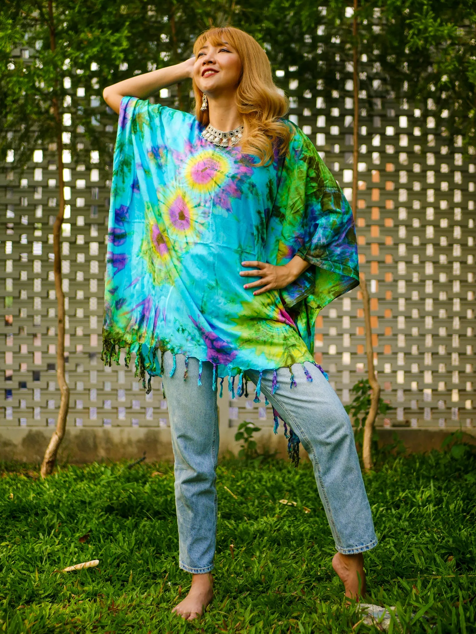 Tropical Tide Poncho Hand Dyed Tunic Kaftan Blouse Oversize Top