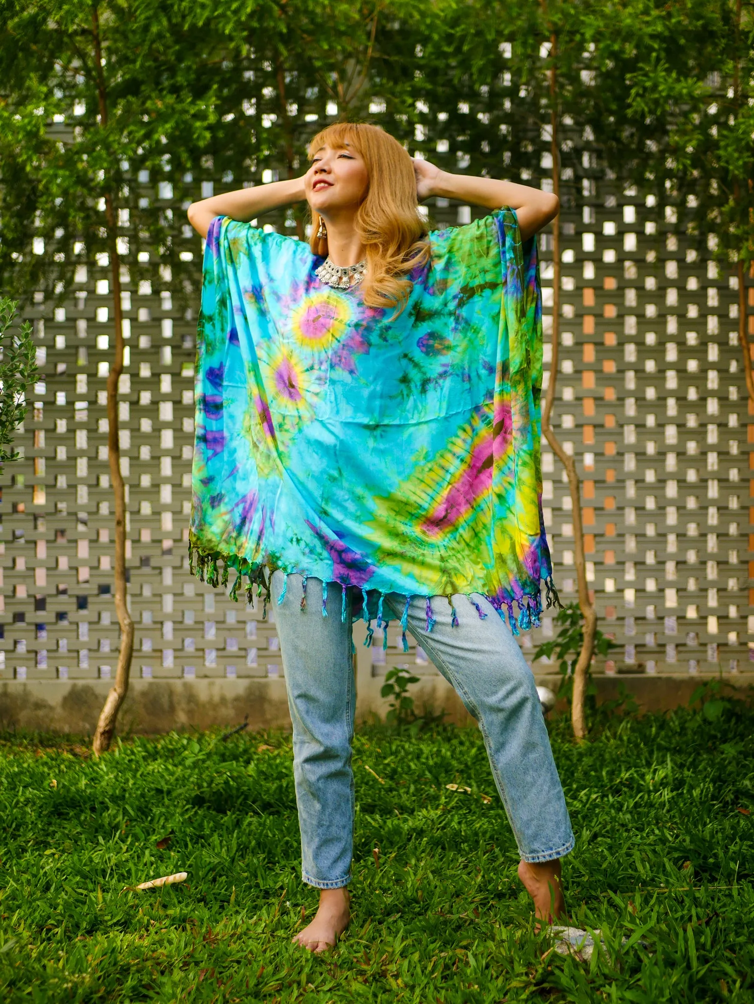 Tropical Tide Poncho Hand Dyed Tunic Kaftan Blouse Oversize Top
