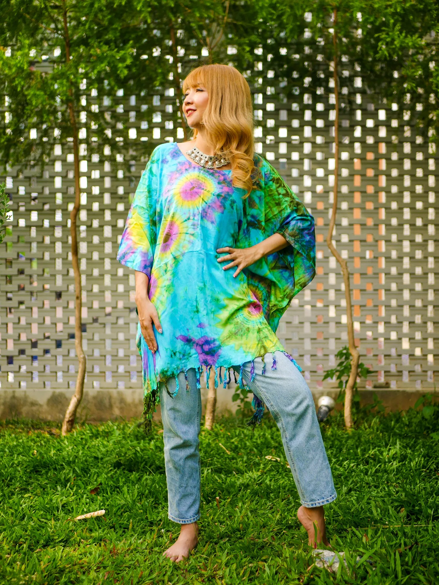 Tropical Tide Poncho Hand Dyed Tunic Kaftan Blouse Oversize Top
