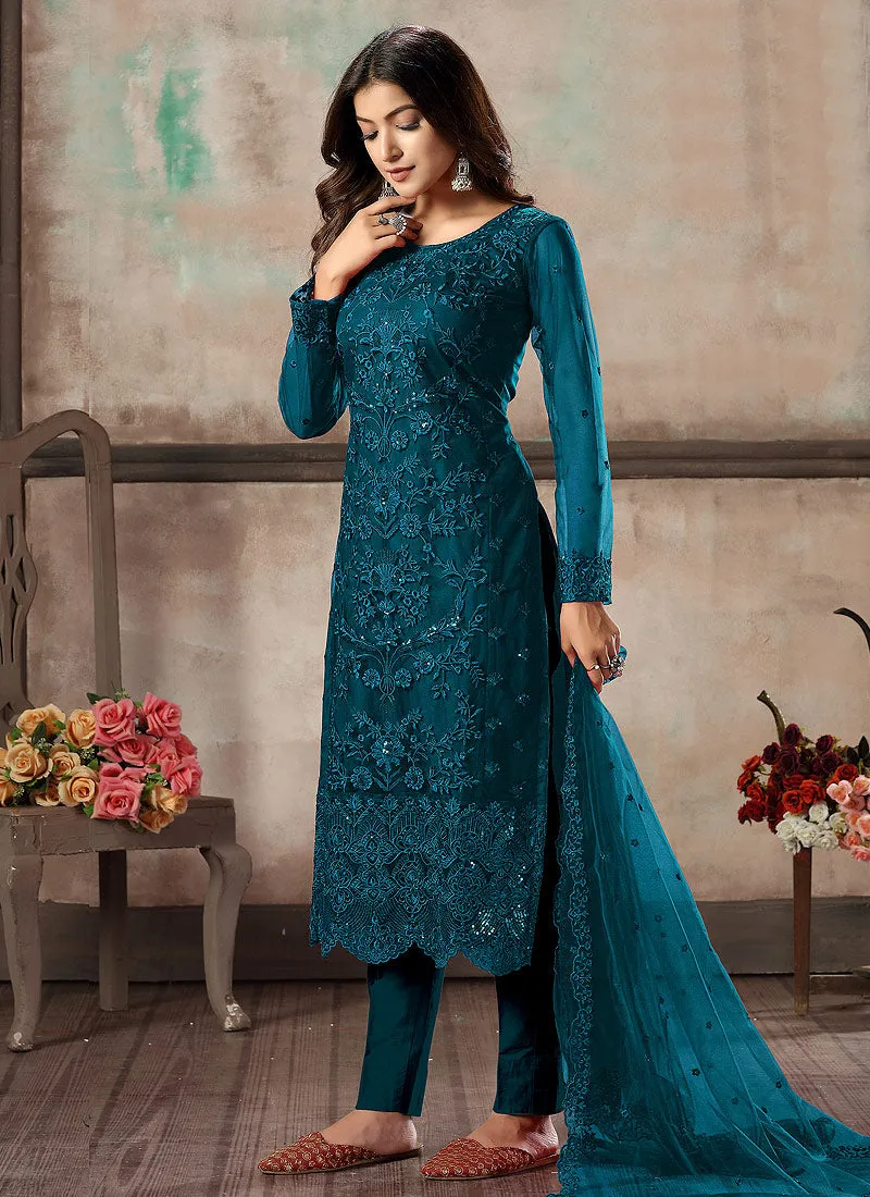 Turquoise Embroidered Pant Style Suit