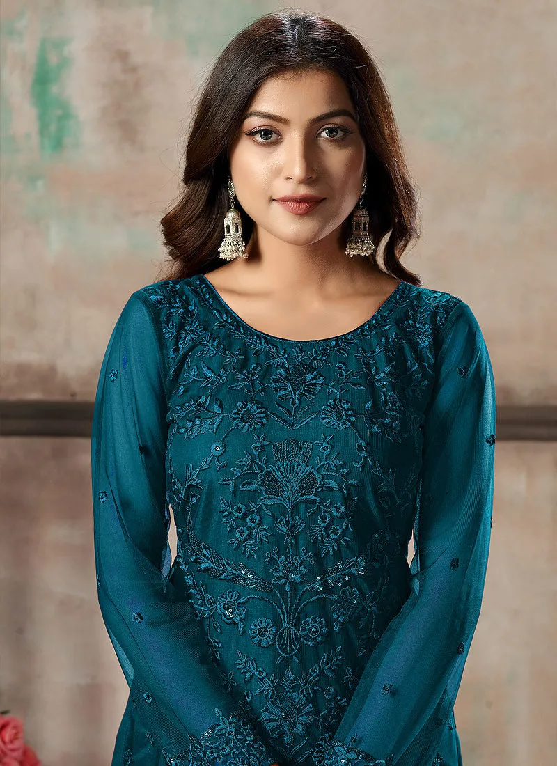 Turquoise Embroidered Pant Style Suit