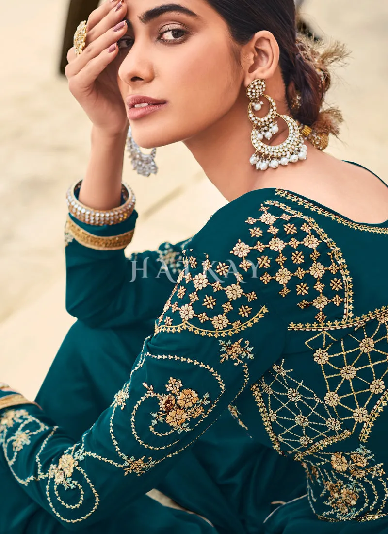 Turquoise Embroidered Slit Style Anarkali Suit