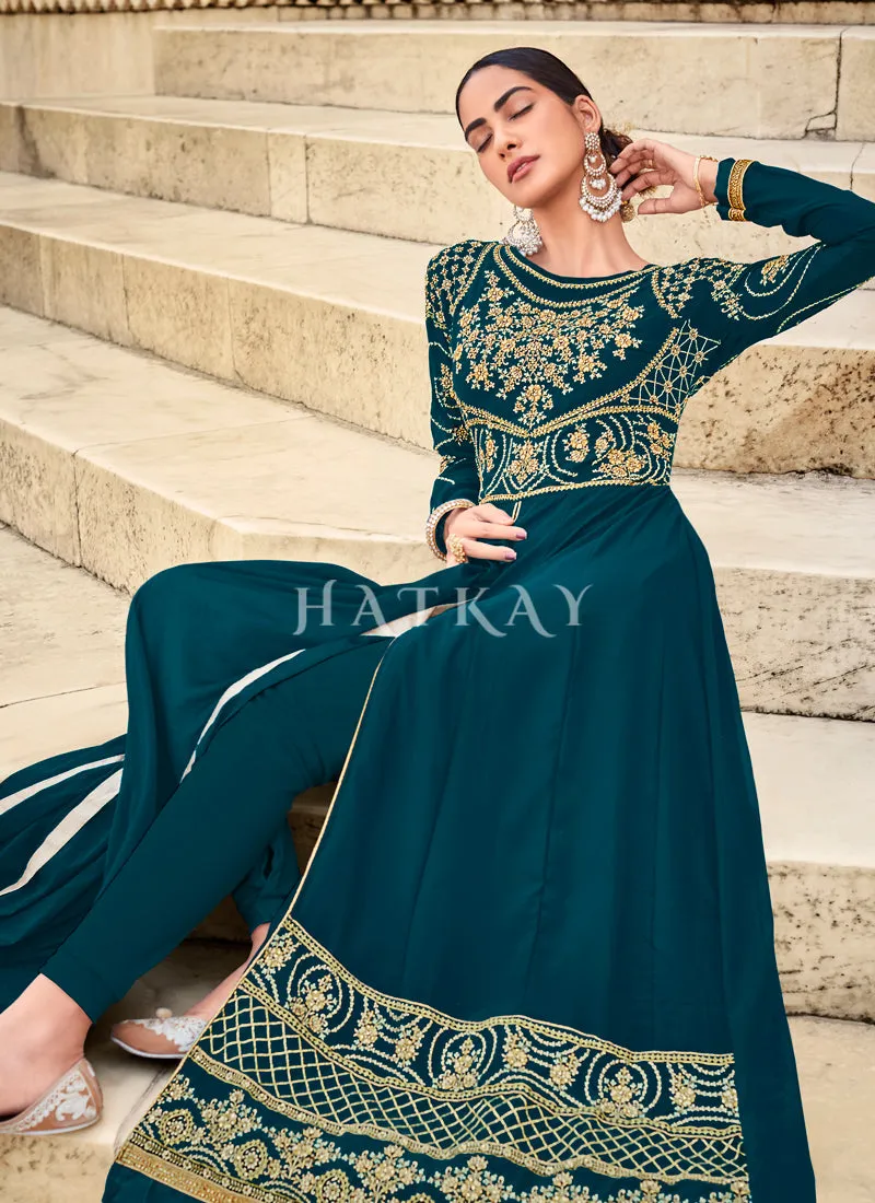 Turquoise Embroidered Slit Style Anarkali Suit