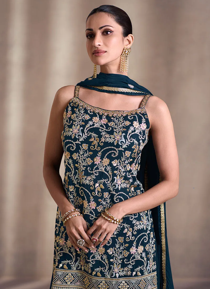Turquoise Multi Embroidery Sharara Style Suit